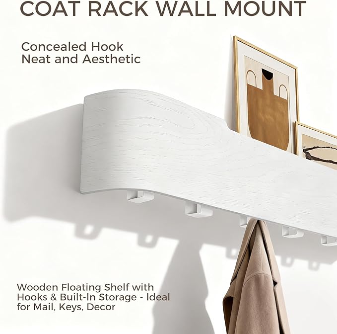 Wall Coat Rack Floating Shelves Modern Coat Rack Wall Mount with Storage Entryway Shelf Wooden Hanger 20 Inch 4 Hidden Metal Hooks for Living Room Bedroom (White, 4 Hooks)