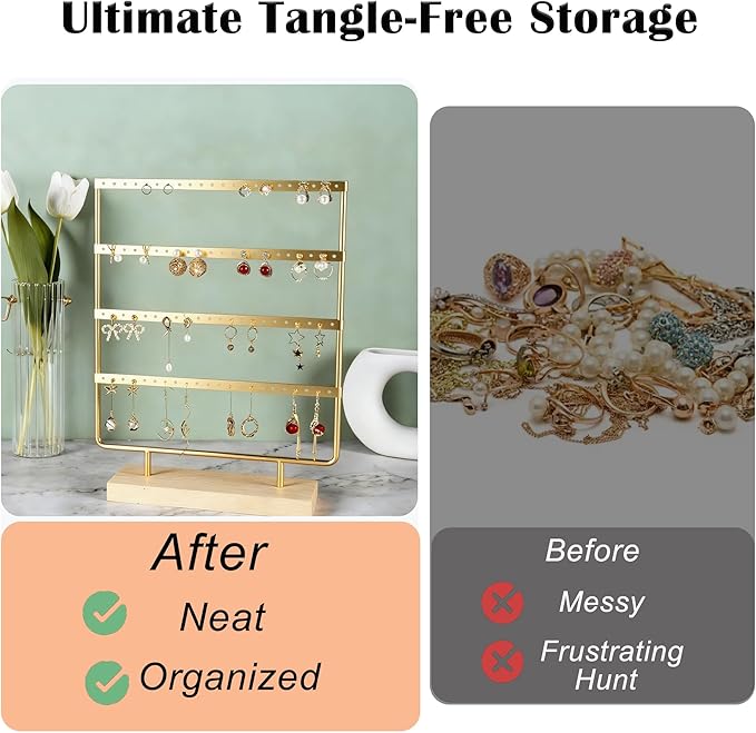 Earring Organizer Stand for Women, 4 Tier Tall Jewelry Holder Organizer Rack, Tabletop Display Rack Multiple Pierced Earrings, Wood and Iron Hanging Jewelry Organizer, Gold Jewelry Storage