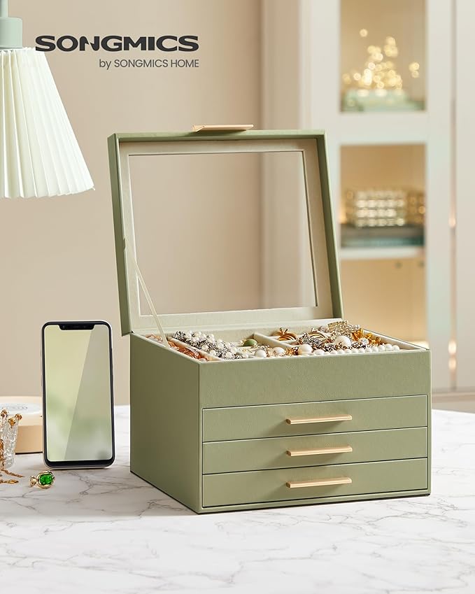 SONGMICS Jewelry Box Organizer with Glass Lid, 4-Layer Jewelry Storage, with 3 Drawers, Modern Style, Christmas Gift, 8 x 9.1 x 6.5 Inches, Avocado Green and Gold Color UJBC173C02