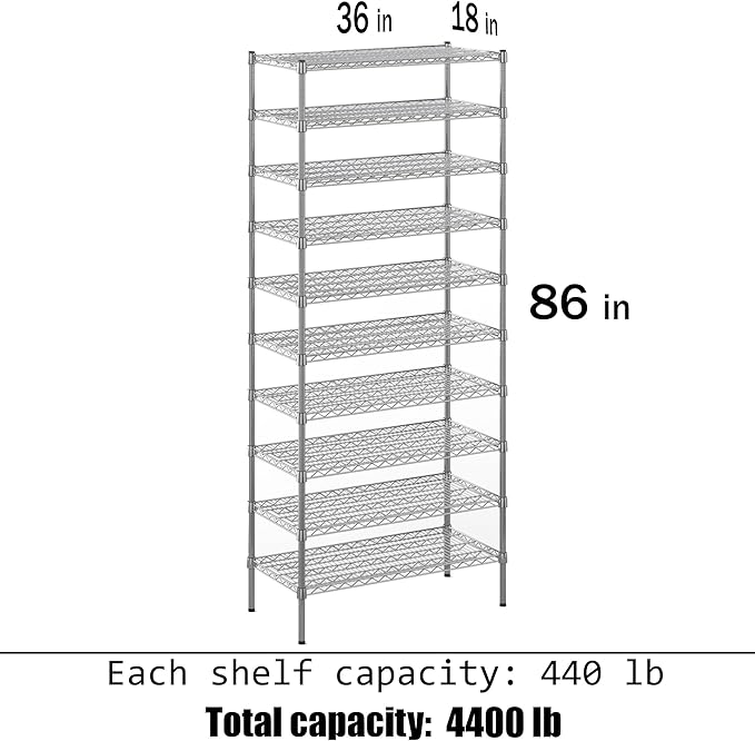 18" Deep x 36" Wide x 86" Height Wire Shelving Kit | 10-Tier | NSF Commercial Storage Rack Unit