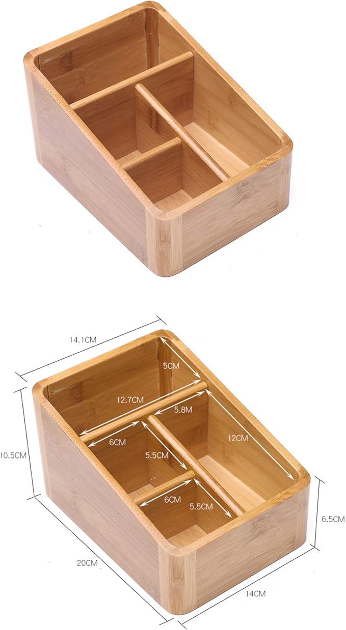 VolksRose Desk Remote Control Holder Multi-Function Coffee Table Office Supplies Storage Organizer, Home Sundries Bamboo Storage Box with 4 Compartments - Perfect for Makeup, TV Guide, iPad, Caddy #3