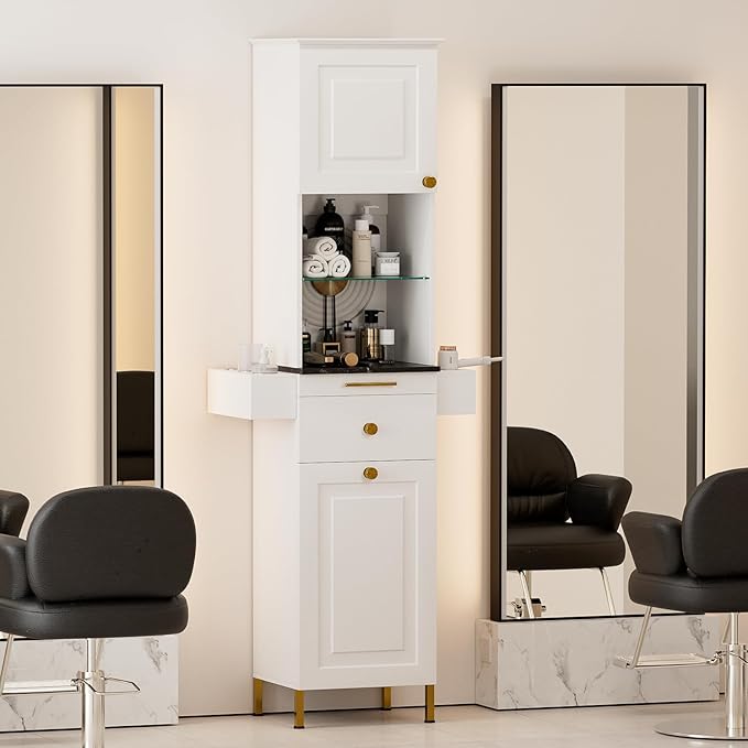 Salon Stations for Hair Stylist, Barber Station w/Glass Shelf & Golden Handles, Hair Salon Station Beauty Salon Spa Equipment w/6 Hair Dryer Holders, 2 Storage Cabinet & Drawers(White)