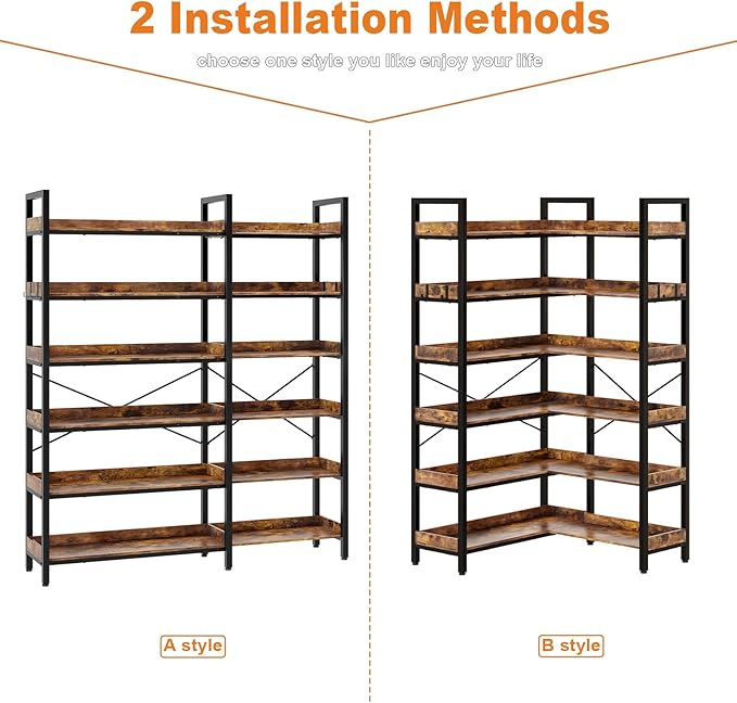 KOUSEI 6-Tier L-Shaped Reversible Corner Bookshelf, 69" Rustic Brown Industrial Wood & Metal Bookcase, Wide Open Shelves + 4 Hooks for Living Room/Bedroom/Home Office