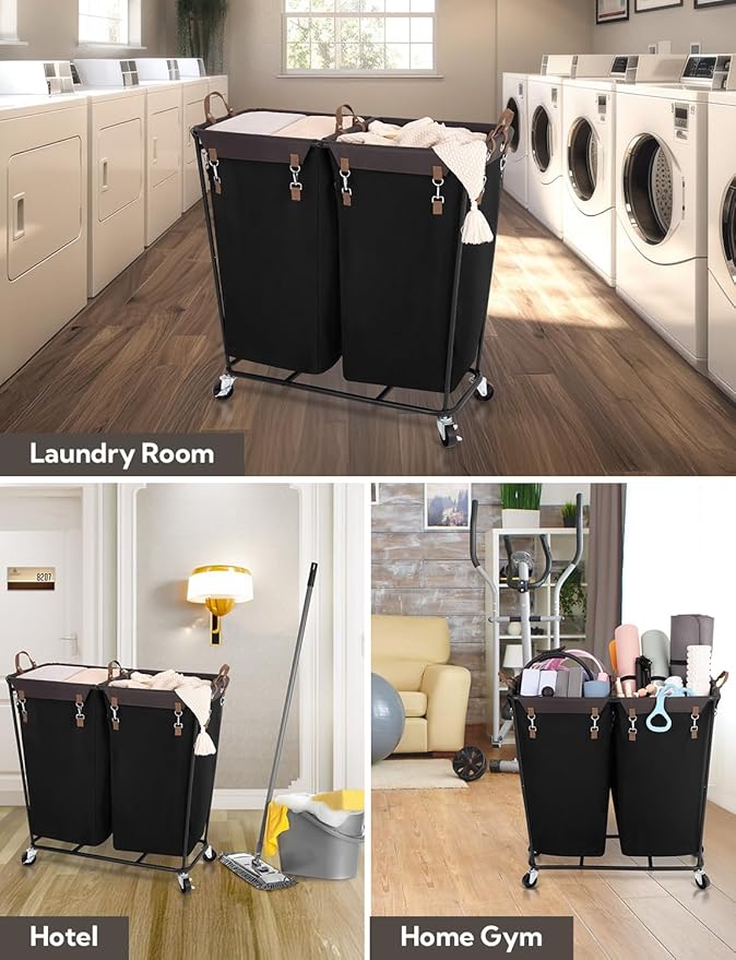 StorageWorks 390L Extra Large Lanudry Hamper with Wheels, Laundry Basket with Wheels 2 Sections, Clothes Sorter Cart with Divider for Hotel, Home, Black, 1-Pack
