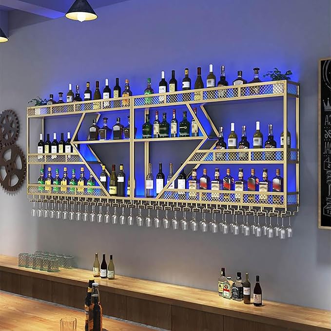 63in Large Wall Mounted Wine Rack 3 Tier Metal Wine Bottle Holder Modern Diamond Design Floating Bar Liquor Bottles Storage Rack for Home Restaurant Bar Decorative (Gold, 3 Tier - 63in)
