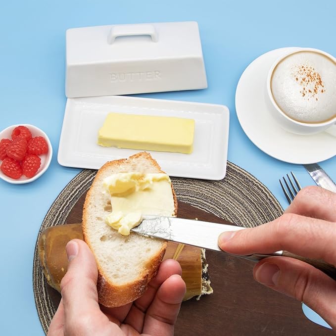 Ceramic Butter Dish With Lid for Countertop, Covered Butter Holder With Lid, White Butter Container, Butter Tray With Handle