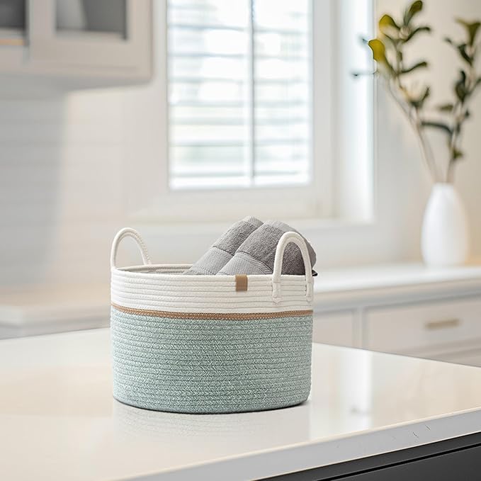 LA JOLIE MUSE Braided Basket, Cotton Rope Storage Baskets, Large Cotton Basket, Laundry Basket for Blanket, Children's Toys, Basket S Laundry Basket for Children's Room, Ivy Green, 32 Liter