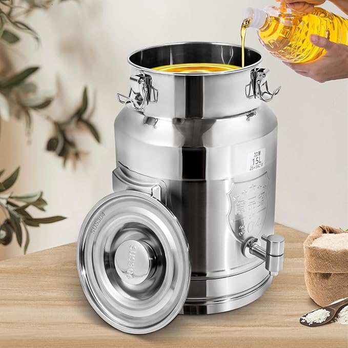 Milk Can Barrel Stainless Steel Beverage Drink Dispenser Large Capacity Storage Bucket Container with Faucet and Handles for Milk Coffee Wine Oil Rice Cereals Water (15L/3.96Gal)