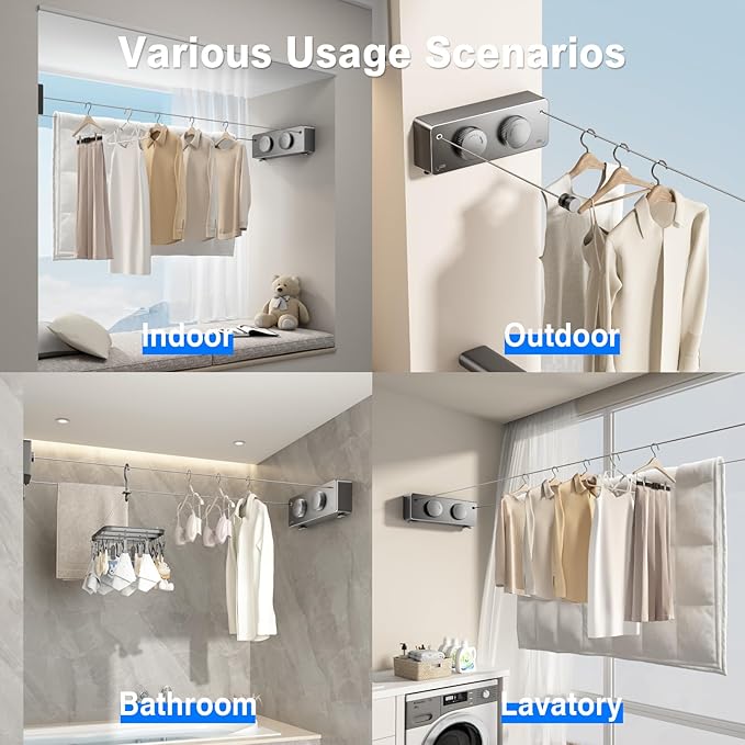 Retractable Clothesline Indoor, Non-Sagging Twin Clothes Line Retracting Outdoor Heavy Duty Clothes Drying Laundry Line Wall Mounted Stainless Steel Double Line-13.8 ft(Gray)