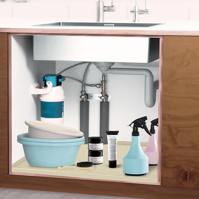 Under Sink Mat for Kitchen Silicone Waterproof Under Sink Liner, Flexible Sink Cabinet Organizer Tray with Drain Hole, Hold up to 3.3 Gallons Liquid, Easy to Clean (Beige, 34X22)