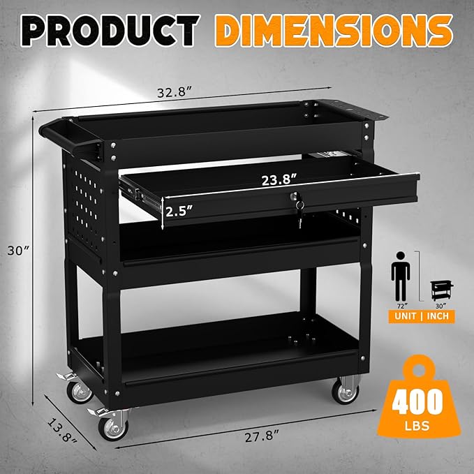 3 Tier Tool Cart on Wheels with Drawers - Three Tier Rolling Cart with Lockable Storage - Mechanic Tool Chest - Tool Chest with Wheels Used in Garage, Indoors, Workshop (Black)