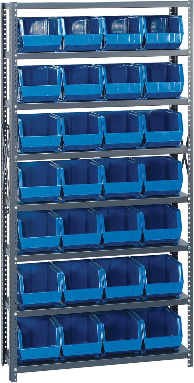 Quantum Storage Systems QSBU-239BL Giant Open Hopper Steel Shelving System, 12" D x 36" W x 75" H, with 8 Shelves and 28 QUS239 Bins, Blue