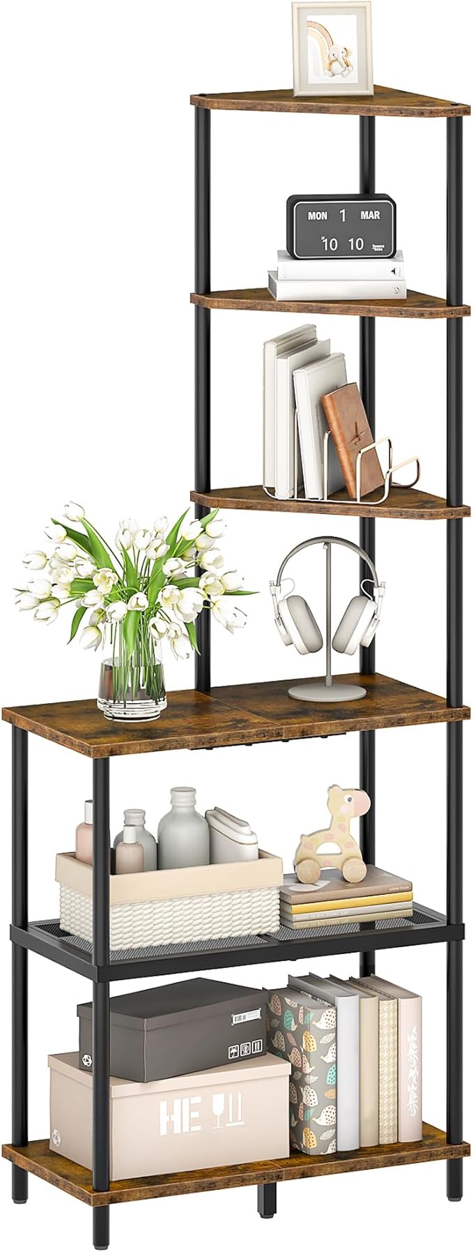 6-Tier Corner Shelf, Industrial Corner Bookshelf with Desk Top, Diamond-Shaped Storage Shelves, Display Stand for Small Spaces, Living Room, Home Office, Foyer, Rustic Brown and Black TCJ70BF