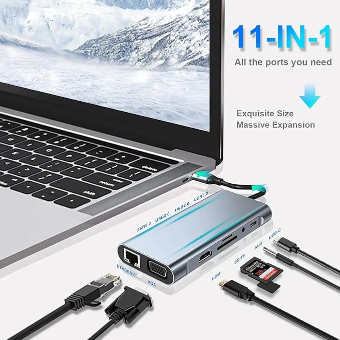 USB C Laptop Docking Station 11 in 1 Type-C Hub with HDMI,Ethernet,4 USB,VGA,SD TF Card Reader,Audio,PD Compatible with iPhone16/MacBook/Dell/Surface/HP/Lenovo and Other Type C Laptops
