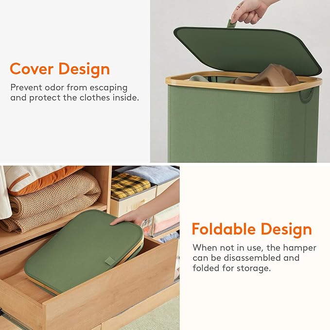 Lifewit 100L Laundry Basket with Lid, Clothes Hampers for Laundry with Bamboo Handles and A Removable Bag, Large Foldable Laundry Hamper for Bedroom, Bathroom, Dorm, Laundry Room, Green