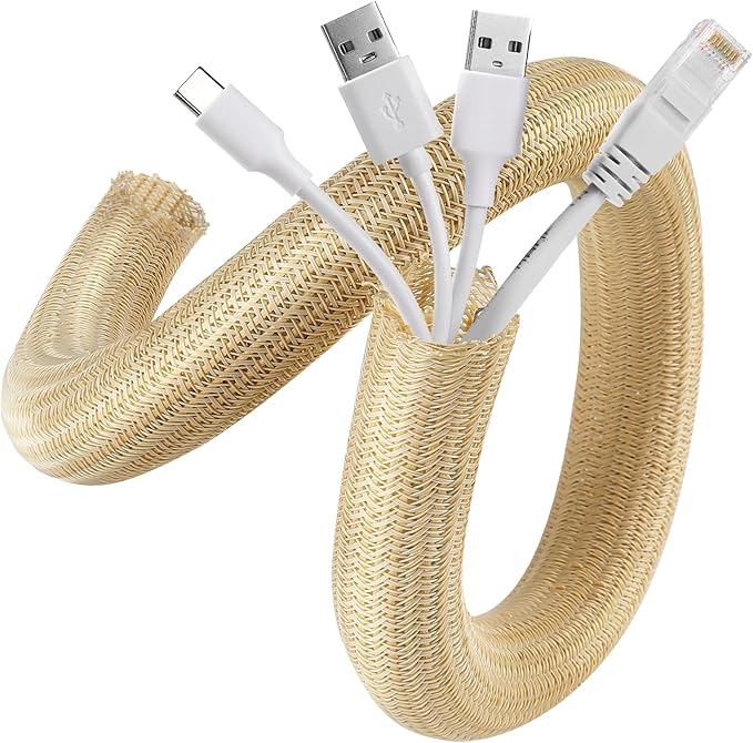 AGPTEK Cable Sleeve Cover, 10ft - 4/5 inch Desk Cord Organizer Cable Hider, Home Office Wire Management Computer TV Wire Loom Tubing, Pet Proof Cord Protector, from Cat Dog Chewing, Wood Color
