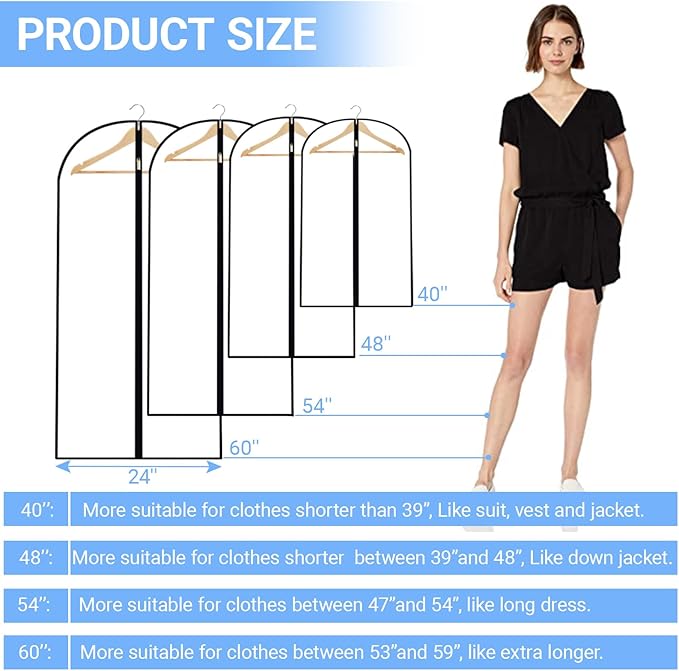 Garment Bags for Hanging Clothes 24'' x 55'' (Set of 12) Coat Covers for Closet Foldable Washable Dress Bags for Hanging Clothes for Long Dress Dance Costumes Suits Gowns Coats