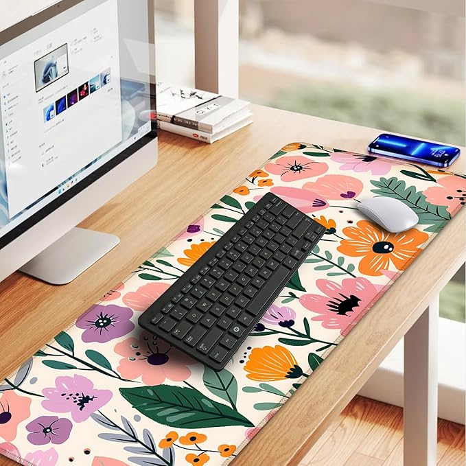 Floral Mouse Pad XXL – Large Extended Desk Mat with Cute Hand-Drawn Flowers,Non-Slip Mousepad for Office, School, Workstation, Gift for Women & Teens, 31.5 x 11.8 in