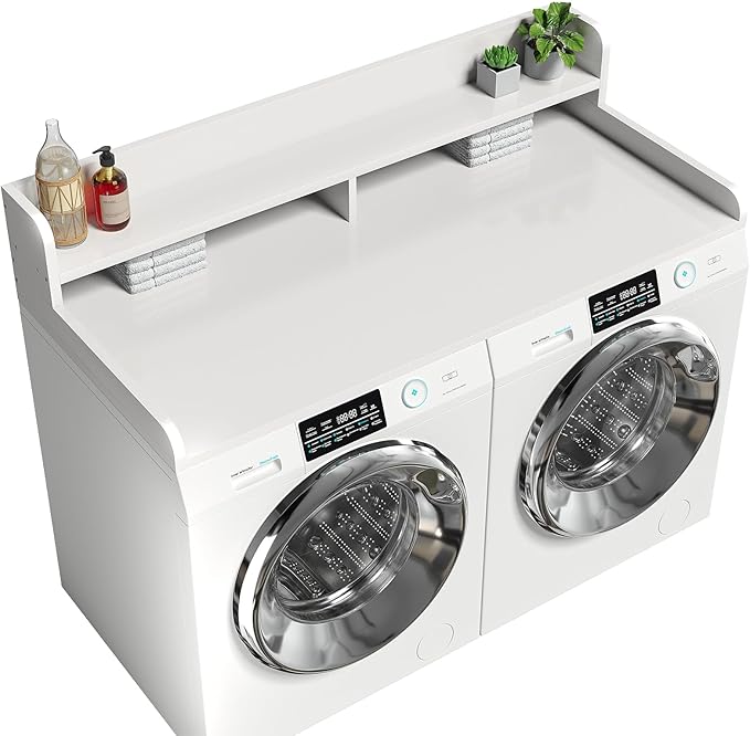 2-Tier Washer Dryer Countertop with 2.75" H Edge Rails, 58" W x 28" D Laundry Countertop for Folding Clothes, Washer and Dryer Topper with Non-Slip Pad (White)