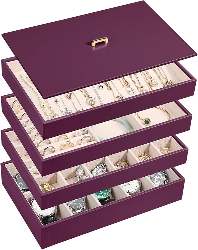Voova Stackable Jewelry Organizer Tray with Lid, PU Leather Jewelry Storage Holder for Drawer Inserts, Jewellery Display Box Case for Earring Necklace Ring Watch Bracelet (Set of 4, Purple)