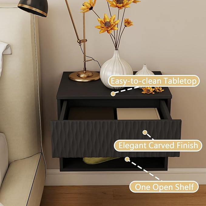 Floating Nightstand Set of 2,Modern Bedside Tables for Bedroom,Small Night Stands with Drawer and Open Shelf, Wall Mounted End SideTables Set for Living Room