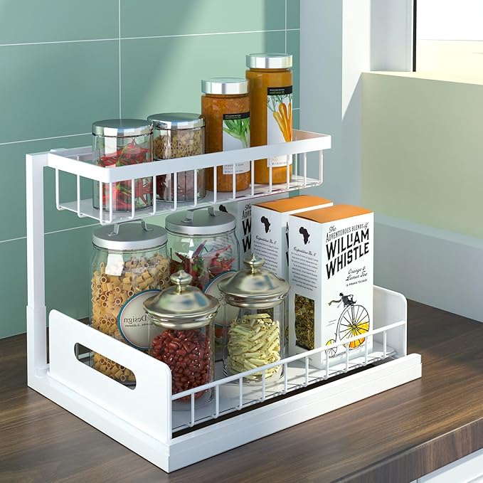 bukfen Under Sink Organizer, Pull Out Home Organizers 2-Tier Slide Out Sliding Shelf Under Cabinet Storage Multi-Use for Under Kitchen Bathroom Sink Organizers and Storage,White,2 Pack