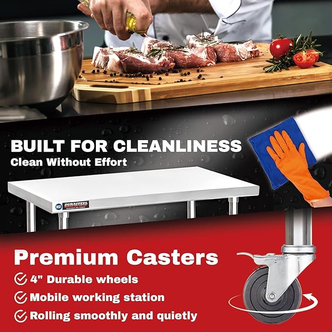 DuraSteel 24x30 NSF Stainless Steel Cart Work Table - Heavy Duty Rolling Food Prep Table Countertop Island - Metal Utility Cart on Wheels Caster, Grill Stand Storage Outdoor Kitchen Tables Bar Top