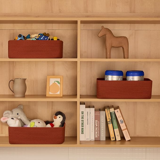 Large Shallow Organizing Baskets 15x11x5.1 Inches - Rope Woven Storage Bins for Bathroom, Shelves, Cube Closet, Red 4 Packs