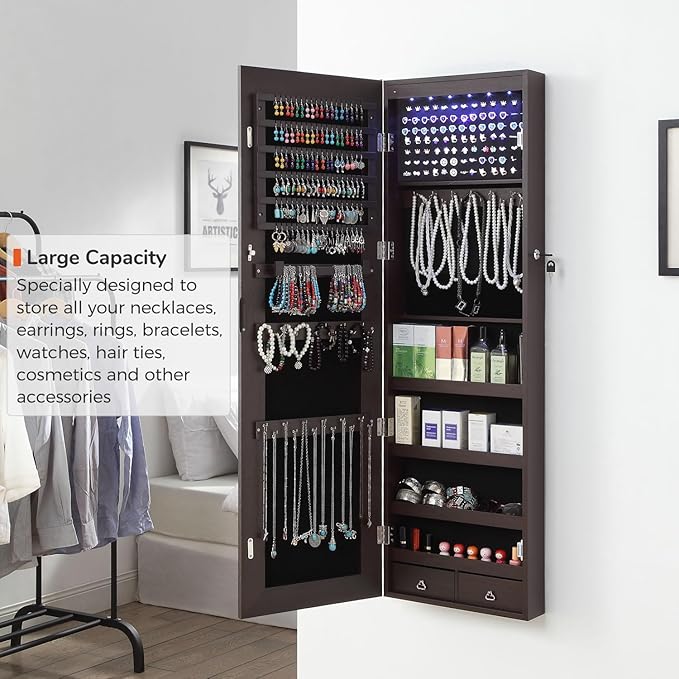 GISSAR Full Length Mirror Jewelry Cabinet, 6 LEDs Jewelry Armoire Wall Mounted Over The Door Hanging, Jewelry Organizer Storage with Lights Lockable, Brown, 14.6" x 47.2"