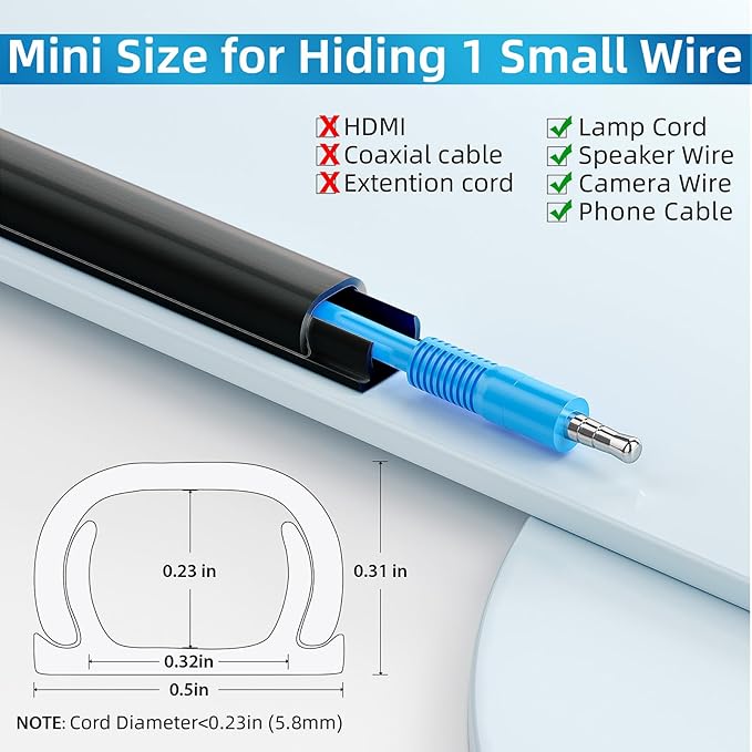 Yecaye 128in Wall Cord Hider for 1 Mini Wire, On-Wall Cord Cover Channel, Wire Concealer, Cable Cover Cable Management for Home Office, W0.5in H0.31in, Black