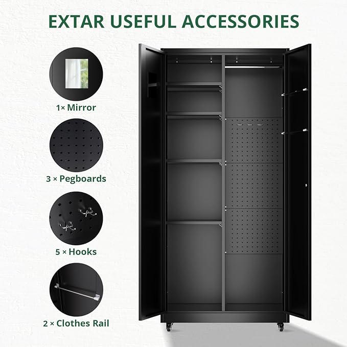 Metal Broom Closet, Garage Storage Cabinet, Tool Chest Bathroom Cabinet with Locking Doors and Wheels, 72" Tall Utility Cabinet with Hanging Rod, Freestanding Storage Cabinet for Cleaning Supplies