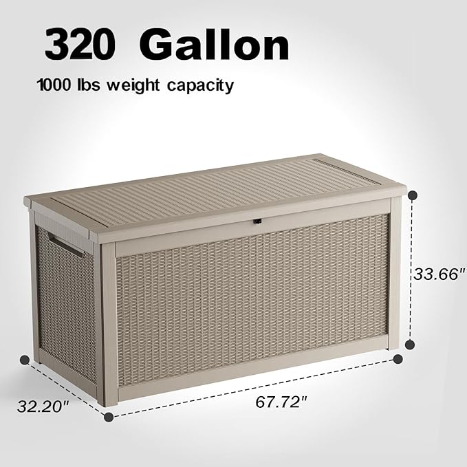 320 Gallon Outdoor Deck Box,Storage Lockable Waterproof Patio Furniture,Garden Tools,Cushions,Pool Accessories Outside Storage Resin Box(Grey)
