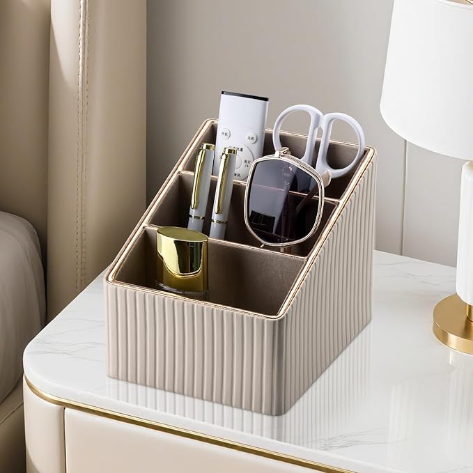 KINGFOM 3 Slot PU Leather Remote Controller Holder, Home Sundries Storage Box, TV Guide/Mail/CD Organizer/Caddy/Holder with Free Cable Desk Organizer (Dark Beige)