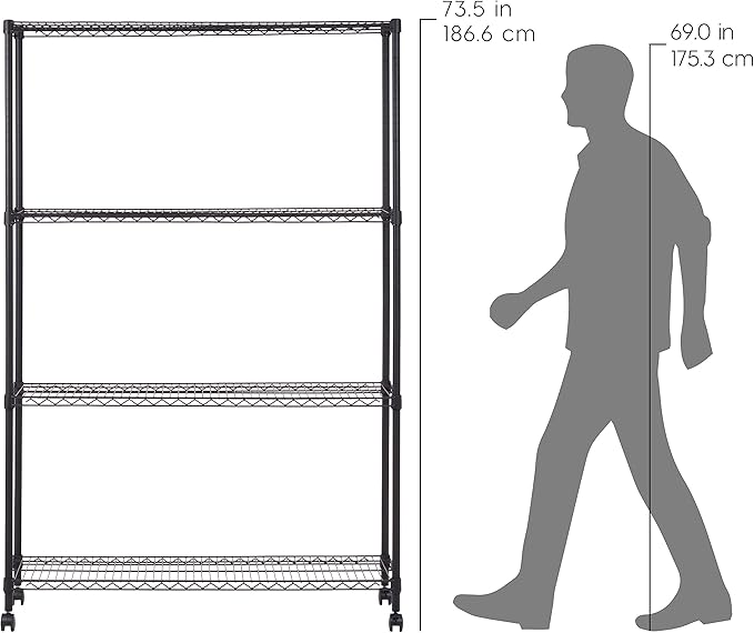 IRIS USA, Inc. 4-Tier Adjustable Heavy Duty Steel Storage Rack with Removable Locking Casters (Up to 1200 lbs Loading Capacity), Wire Organization Unit with Metal Shelves, Black (48"L x 18"W x 73.5"H)