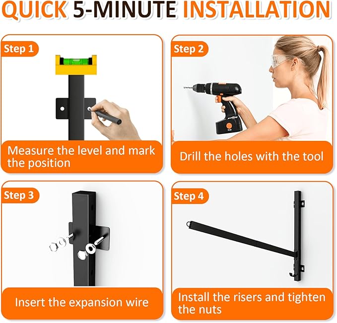 Kayak Storage Rack for Garage Wall Mount - Heavy L-Frame Holder with Anti-Slip Bungee & Complete Installation Kit, Supports 150LB (Fits Canoe/Paddle Board, Black)