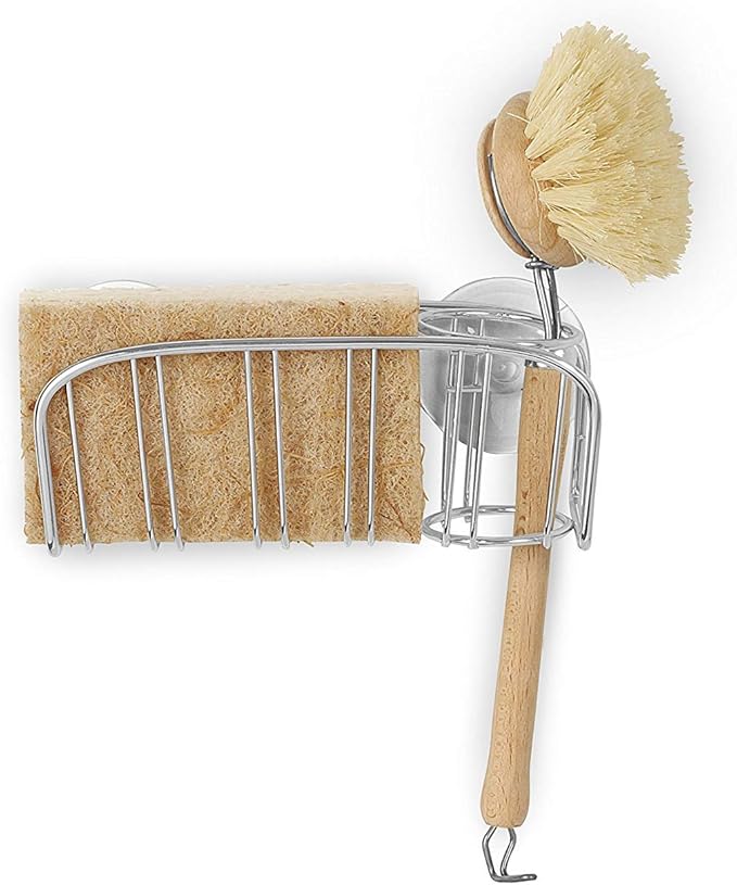 Spectrum 09370 Contempo Sponge & Brush Holder, Modern Sponge Holder & Kitchen Organizer, Vertical Scrub Brush Holder, Secure Suction Seals to Kitchen Sinks, Chrome