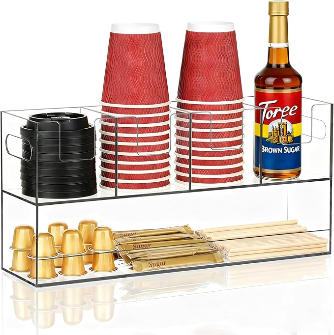 MYITYARD Coffee Cup Holder for Countertop, 2-Tier Clear Acrylic Cup Dispenser, Coffee Bar Accessories Organizer, Paper Cup and Lid Holder with Straw Organizer for Office, Home (5 Compartment)