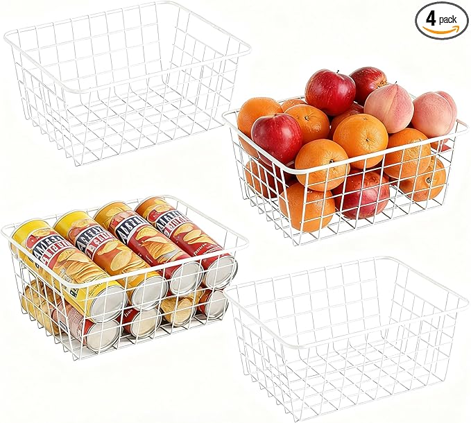 4 Pack White Wire Baskets for Pantry, 11" Upright Wire Freezer Storage Bins with Handles, Small White Metal Storage Basket for Freezer Organizing Office Kitchen Closets