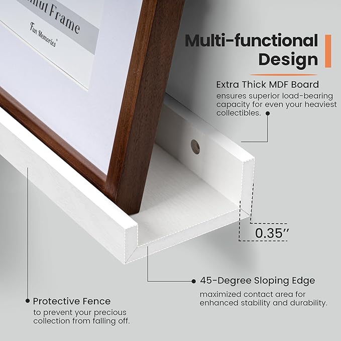 Fun Memories Picture Ledge Shelf, 48 Inch Long Floating Shelves Set of 6, Picture Shelf for Wall with Lip, Large Nursery Book Shelves for Storage, Wall Shelves for Living Room Bedroom Kitchen, White