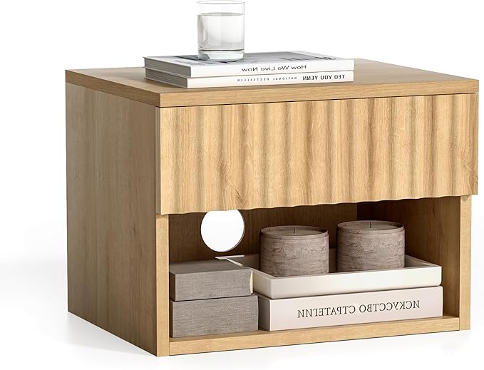 Floating Nightstands Set of 3 with Drawer and Open Shelf, Small Wall Mounted Bedside End Table, Modern Fluted Night Stand for Bedroom, Living Room, Natural Oak