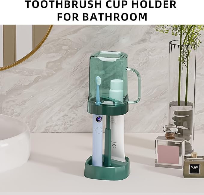 Toothbrush Holder with Cover/Cup, Bathroom Counter Organizer for Regular and Electric Toothbrushes and Toothpaste, Sleek Modern Bathroom Accessories, Green