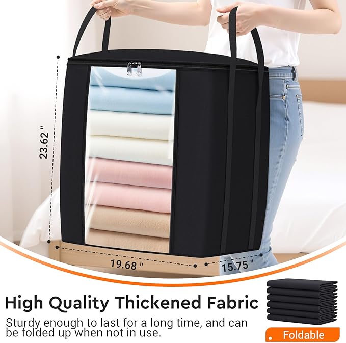 120L Extra Large Clothes Storage Bags, Foldable Blanket Storage and Organization, Thick Fabric Containers with Reinforced Handles & Zippers for Clothing, Comforters, Bedding, Black, 1 Pack