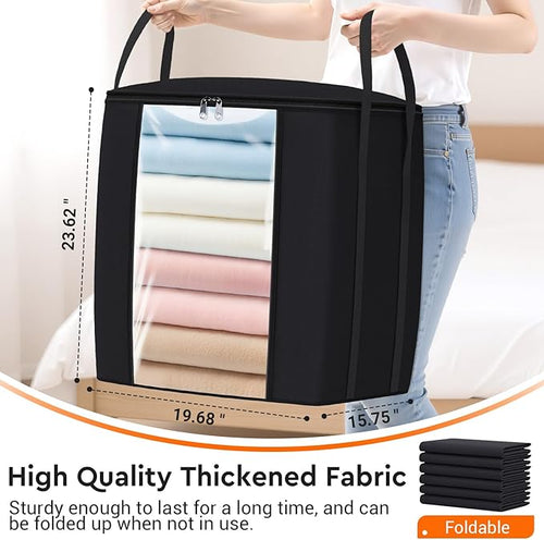 120L Extra Large Clothes Storage Bags, Foldable Blanket Storage and Organization, Thick Fabric Containers with Reinforced Handles & Zippers for Clothing, Comforters, Bedding, Black, 4 Pack