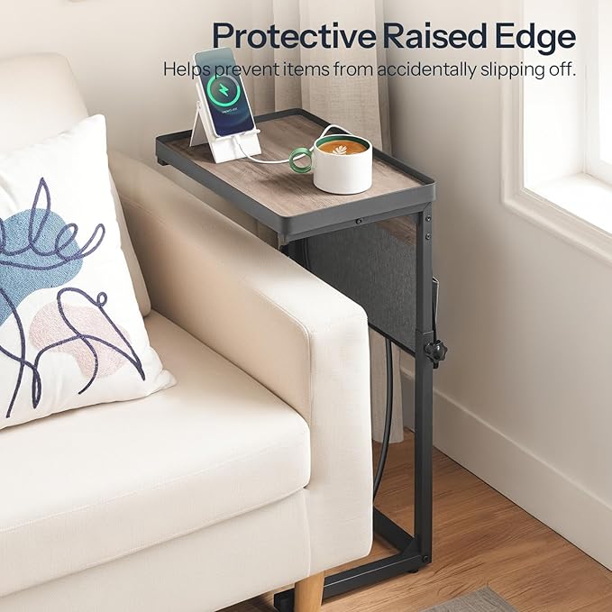 HOOBRO C-Shaped End Table with Charging Station, 29.5” Adjustable Height Side Table with Storage Pocket, Sofa Tray Table Slide Under Couch, for Living Room, Bedroom, Greige and Black BG78USF01