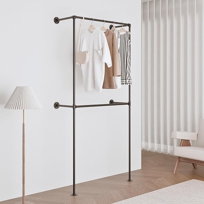 Industrial Pipe Clothing Rack, Heavy Duty Wall Mounted Clothes Rack,Retail Display Hanging Garment Rod for Laundry Room, Closet Storage - 14.6x37.4x82.7 Inches, Model K01