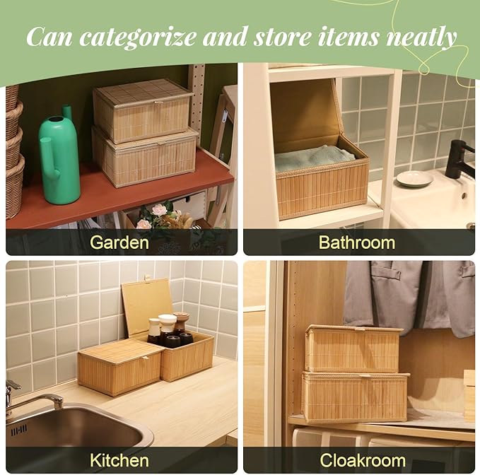 Wicker Basket With Lid Bamboo Storage Box for Shelf Bamboo Decor Storage Boxes With Lids-Rectangle Decorative Basket With Lid Organizer for Bedroom,Living Room (Set of 4,natural)
