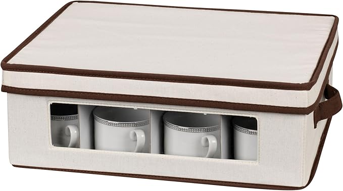 Household Essentials 538 Vision China Storage Box for Tea Cups and Mugs with Lid and Handles | Natural Canvas with Brown Trim