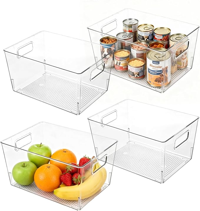 MOONEDGE 8 Pack Clear Plastic Storage Bins, 11"x8"x6" Food-Grade Pantry Storage Containers for Kitchen, Fridge & Freezer, Versatile Organizer Bins for Bathroom, Closet, Shelves & Home Organization