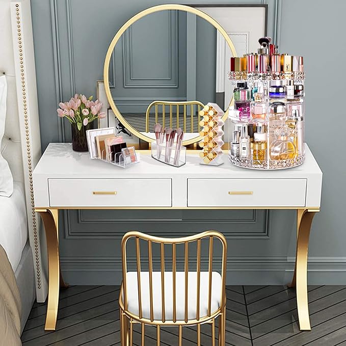 V-HANVER Makeup Organizer Combo - 360° Rotating Makeup Organizer with 7 Adjustable Layers Acrylic Skincare Organizer Large Cosmetic Display Case Clear Perfume Organizer with Makeup Palette Organizer