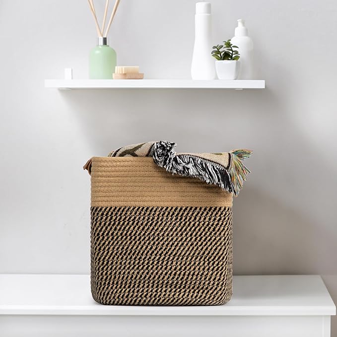 danpinera 3-Pack Cotton Rope Baskets for Storage, 11"x11" Cube Storage Cubes Store Towel, Snack, Storage Bins with Reinforced Stitching & Practical Handles, Black & Brown